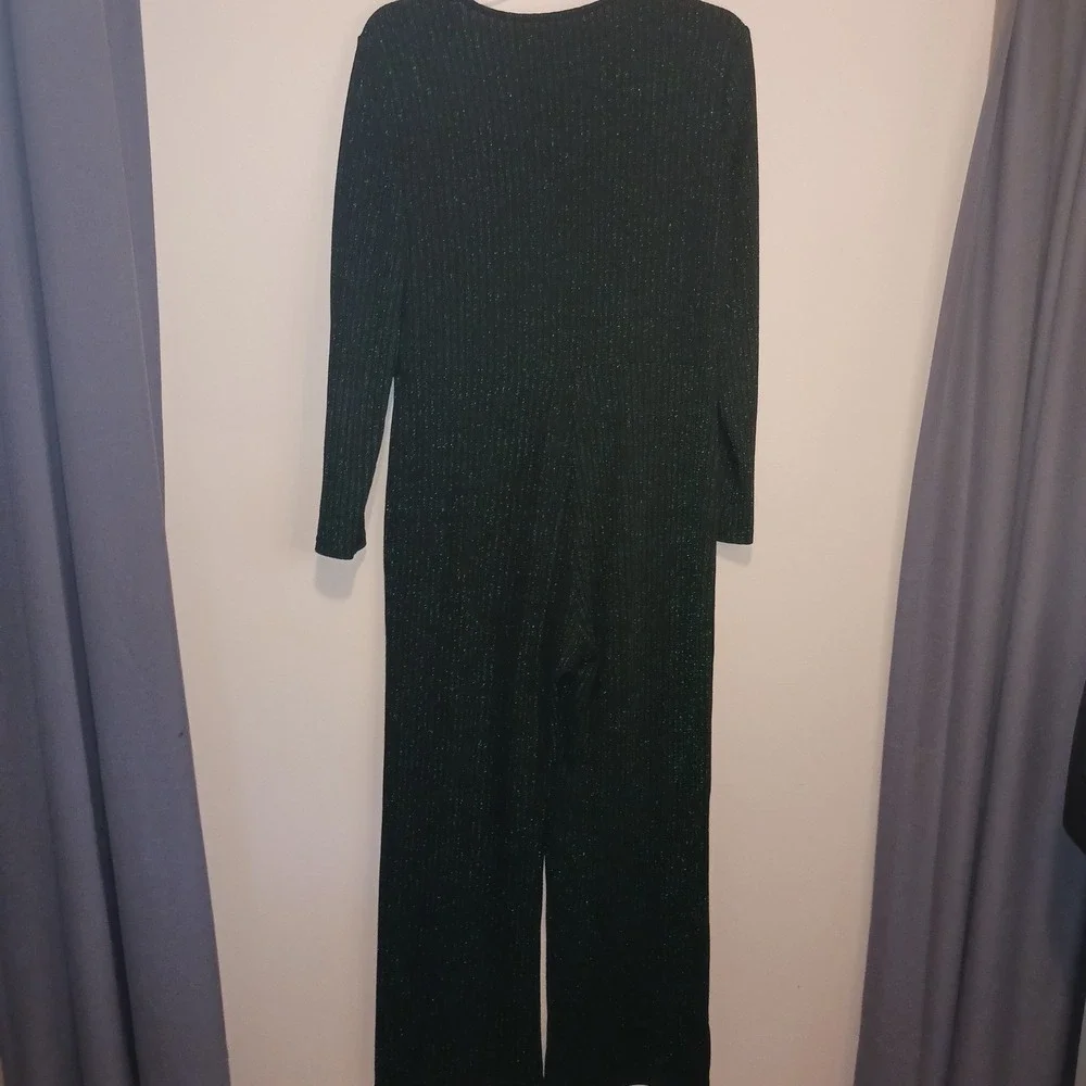 Holiday Party Disco Bling Sparkle Green Metallic Long Sleeve Wide Leg Jumpsuit L